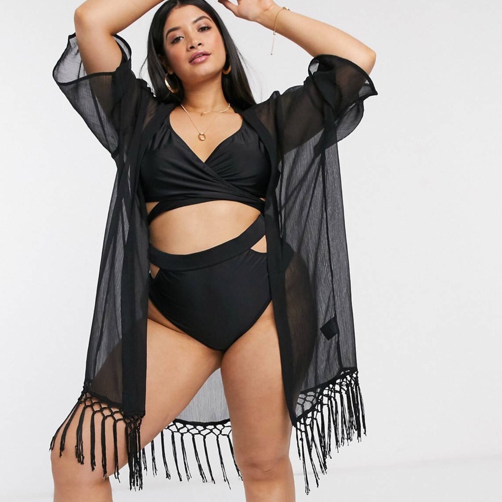 Brave Soul for ASOS Tassel Hem Black Sheer Swim Cover Up